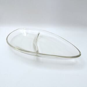 Vintage Clear Glass Divided Relish Dish Snack Tray Curved Mid Century Modern 9"